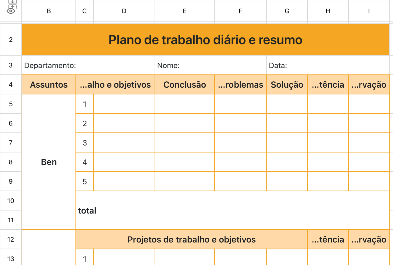 Plano de trabalho diário e resumo